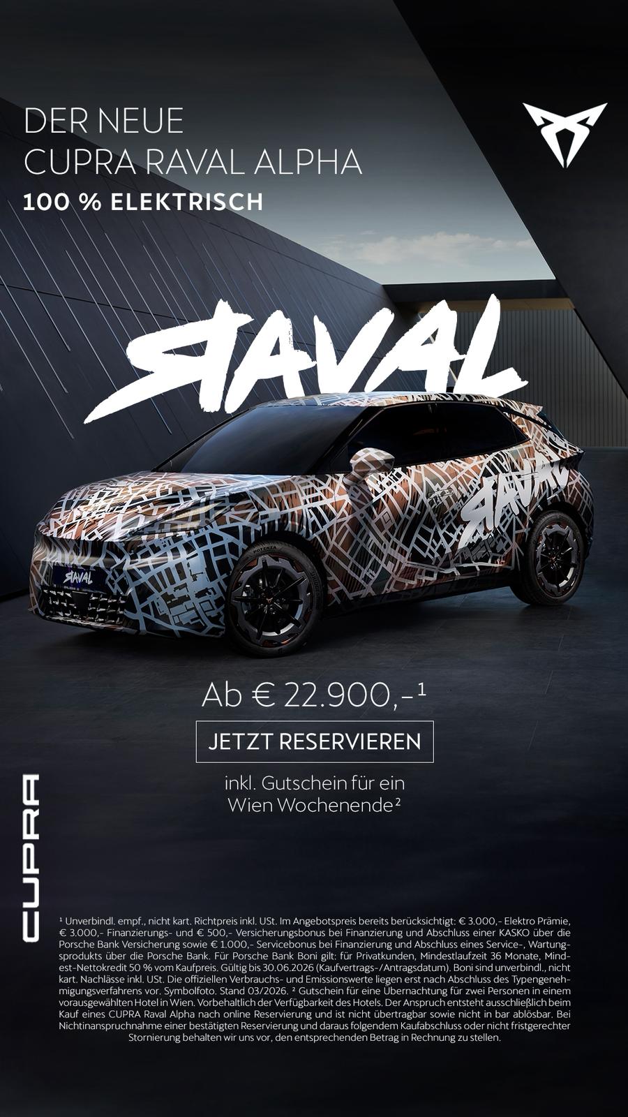 Es ist so weit. Der CUPRA Raval Alpha ist ab sofort online reservierbar. Der CUPRA Raval - das ultimative urbane Elektroauto, geboren mit dynamischen Proportionen und rebellischem Spirit.
